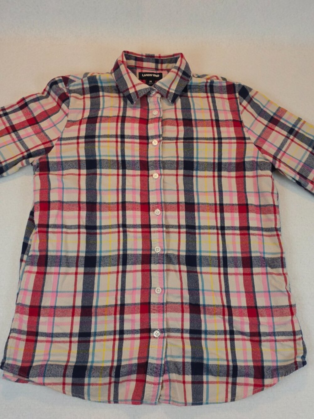 Lands' End Girls Pink Plaid Cotton Flannel Button Down Shirt Medium 10-12